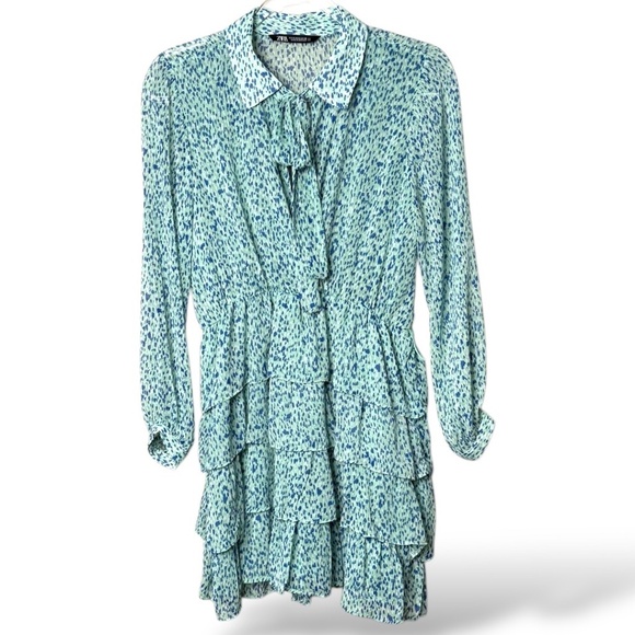 ZARA Tiered and Ruffled Long Sleeve Poly Chiffon Mini Dress Tie Neck US Sz M - Picture 3 of 10